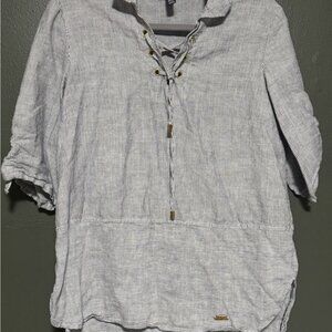 Ellen Tracy Gray Cuffed Sleeve Blouse with Tie Front